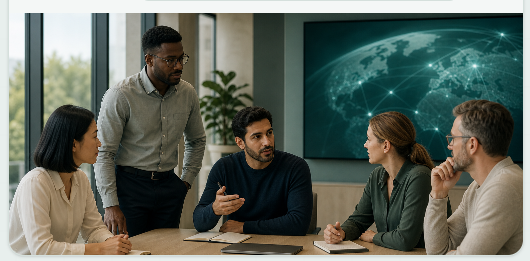 Professionals from around the world collaborating in a shared delivery workspace
